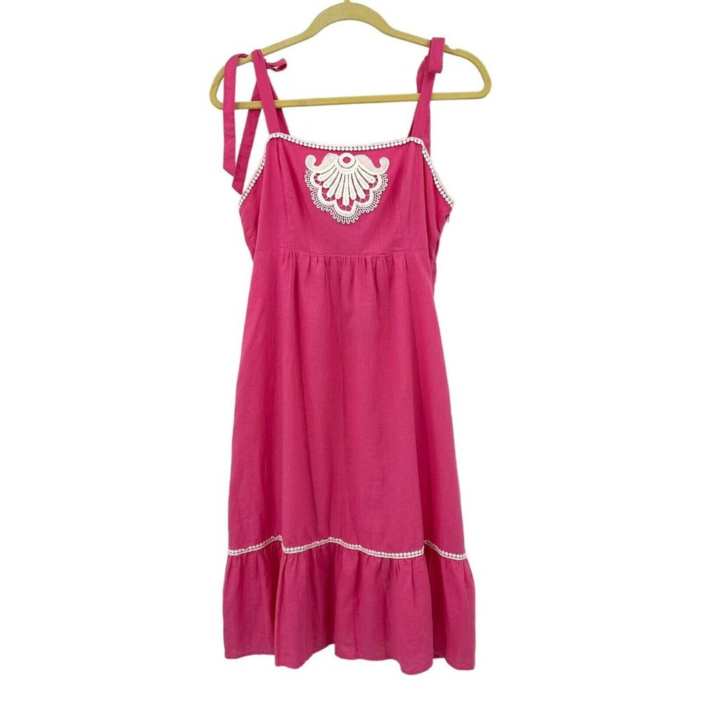 NWT’s Lilly Pulitzer Hotty Pink Tie Embroidered Cormick Dress sz 10 Linen Beachy